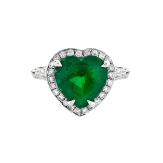 18k Premium Colombian Emerald Heart Queen Ring with Full Pavé Diamond Halo White Gold 4  by Logan Hollowell Jewelry