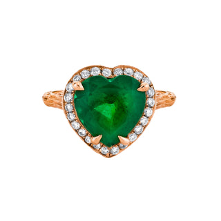 18k Premium Colombian Emerald Heart Queen Ring with Full Pavé Diamond Halo Rose Gold 4  by Logan Hollowell Jewelry