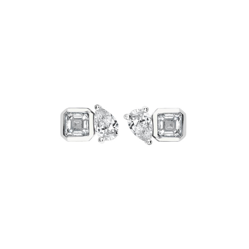 Mini Lovers Duet Diamond Studs White Gold Pair  by Logan Hollowell Jewelry