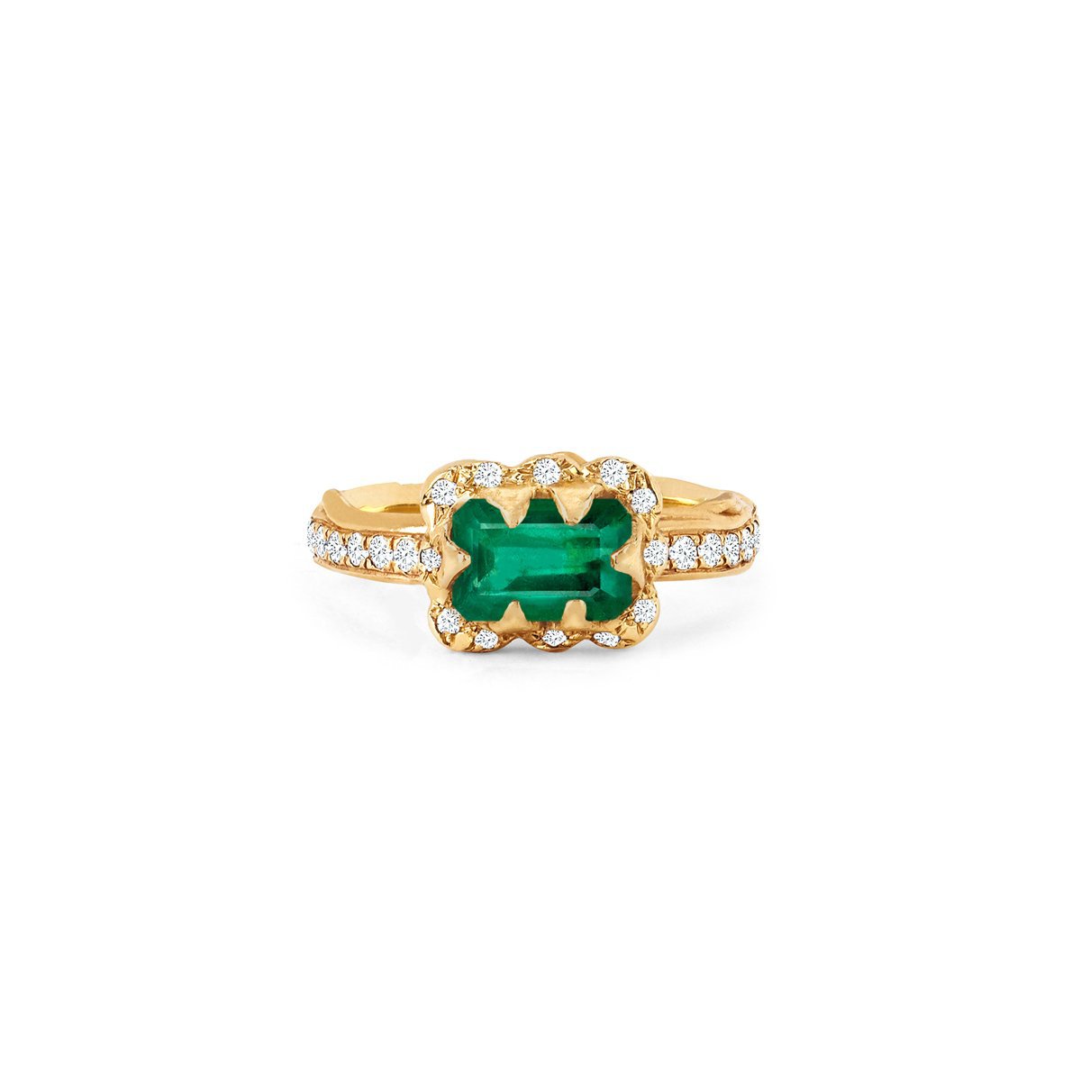 Micro Queen Emerald Cut Emerald Ring with Sprinkled Diamonds 3 Yellow Gold  by Logan Hollowell Jewelry