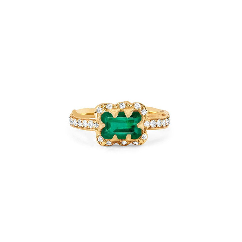 Micro Queen Emerald Cut Emerald Ring with Sprinkled Diamonds 3 Yellow Gold  by Logan Hollowell Jewelry