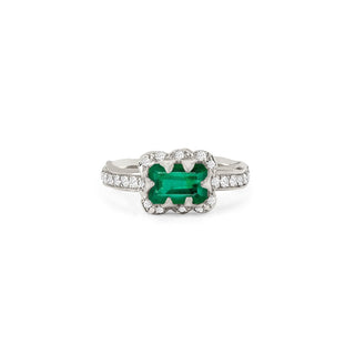 Micro Queen Emerald Cut Emerald Ring with Sprinkled Diamonds 4 White Gold  by Logan Hollowell Jewelry