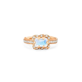 Micro Queen Emerald Cut Moonstone Ring with Sprinkled Diamonds 2.5 Rose Gold Pave Band by Logan Hollowell Jewelry