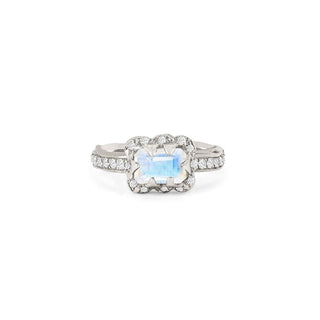 Micro Queen Emerald Cut Moonstone Ring with Sprinkled Diamonds 2.5 White Gold Pave Band by Logan Hollowell Jewelry