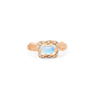 Micro Queen Emerald Cut Moonstone Ring with Sprinkled Diamonds 2.5 Rose Gold Solid Band by Logan Hollowell Jewelry