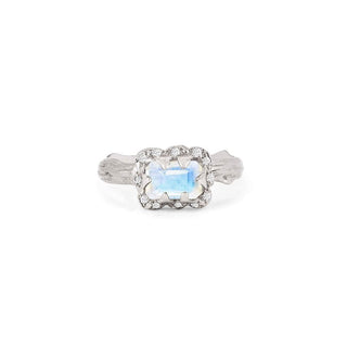 Micro Queen Emerald Cut Moonstone Ring with Sprinkled Diamonds 2.5 White Gold Solid Band by Logan Hollowell Jewelry