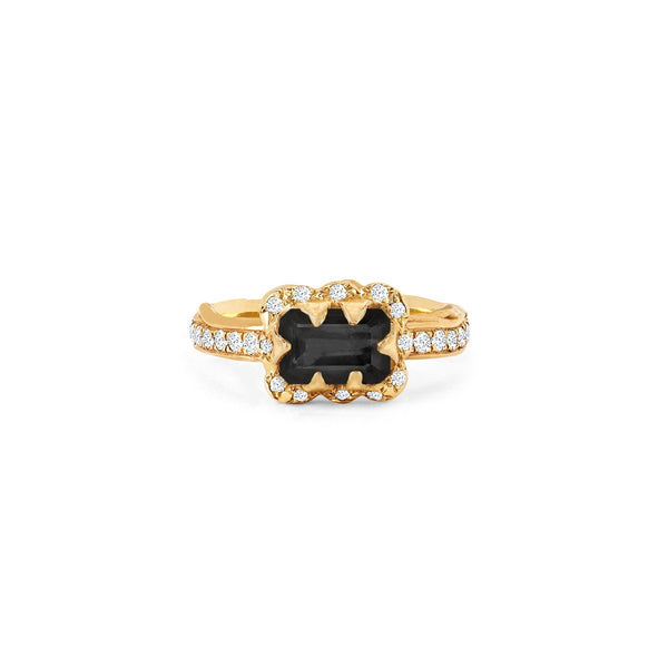 Micro Queen Emerald Cut Onyx Ring with Sprinkled Diamonds Yellow Gold Pavé Diamond Band 3 by Logan Hollowell Jewelry