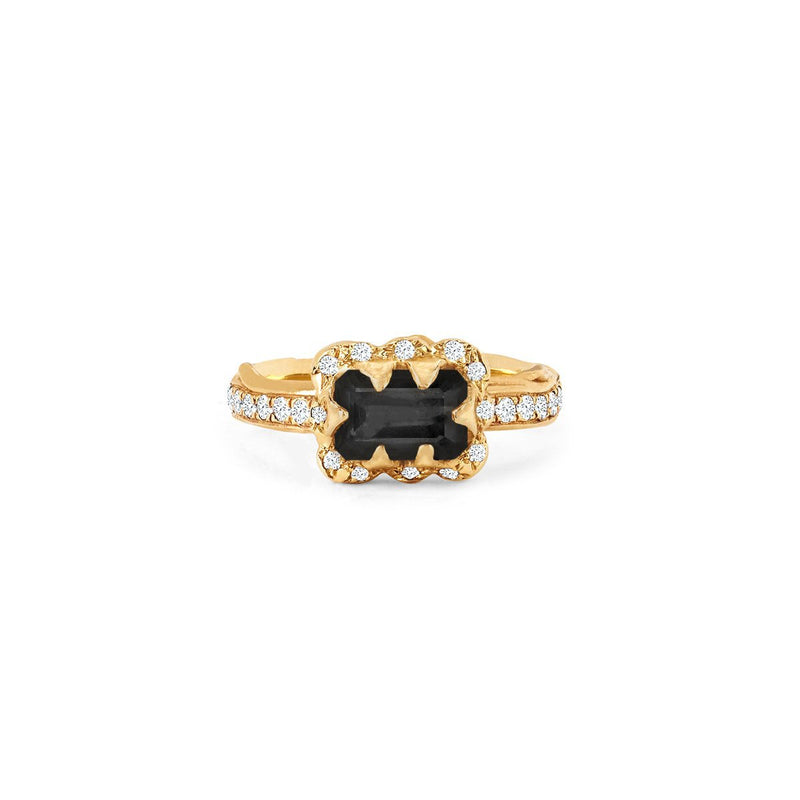 Micro Queen Emerald Cut Onyx Ring with Sprinkled Diamonds Yellow Gold Pavé Diamond Band 3 by Logan Hollowell Jewelry