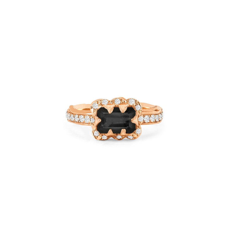 Micro Queen Emerald Cut Onyx Ring with Sprinkled Diamonds Rose Gold Pavé Diamond Band 3 by Logan Hollowell Jewelry
