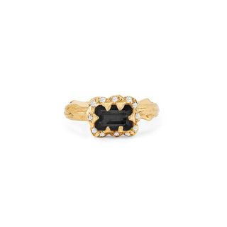 Micro Queen Emerald Cut Onyx Ring with Sprinkled Diamonds Solid Band Yellow Gold 4 by Logan Hollowell Jewelry