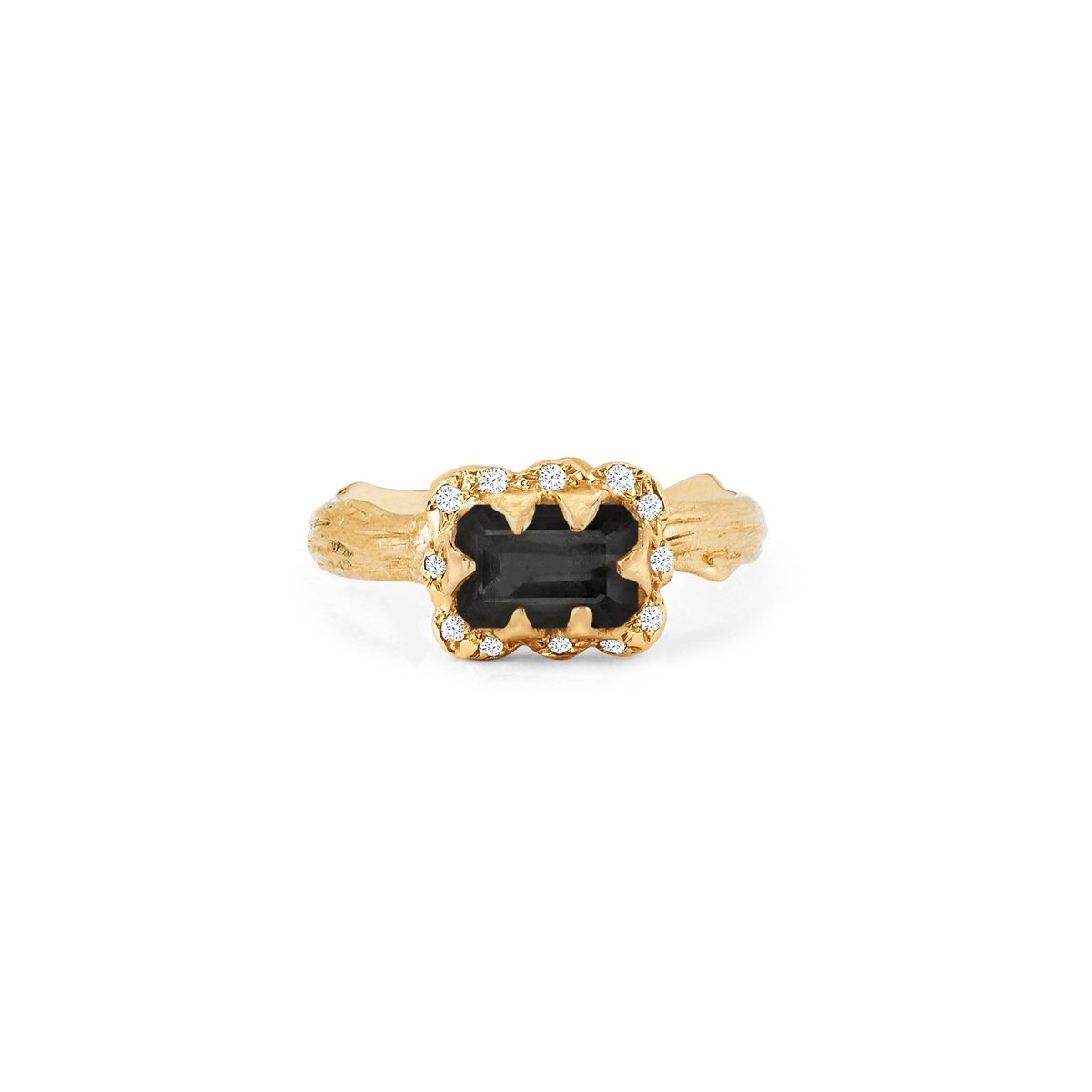 Micro Queen Emerald Cut Onyx Ring with Sprinkled Diamonds Yellow Gold Solid Band 3 by Logan Hollowell Jewelry