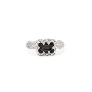 Micro Queen Emerald Cut Onyx Ring with Sprinkled Diamonds Solid Band White Gold 4 by Logan Hollowell Jewelry