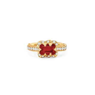 Micro Queen Emerald Cut Ruby Rose Thorn Ring with Sprinkled Diamonds Pavé Diamond Band Yellow Gold 4 by Logan Hollowell Jewelry