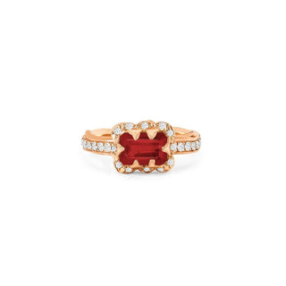 Micro Queen Emerald Cut Ruby Rose Thorn Ring with Sprinkled Diamonds Pavé Diamond Band Rose Gold 4 by Logan Hollowell Jewelry
