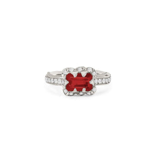 Micro Queen Emerald Cut Ruby Rose Thorn Ring with Sprinkled Diamonds Pavé Diamond Band White Gold 4 by Logan Hollowell Jewelry