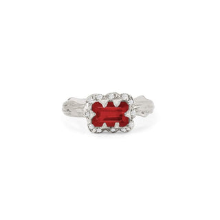 Micro Queen Emerald Cut Ruby Rose Thorn Ring with Sprinkled Diamonds Solid Band White Gold 4 by Logan Hollowell Jewelry