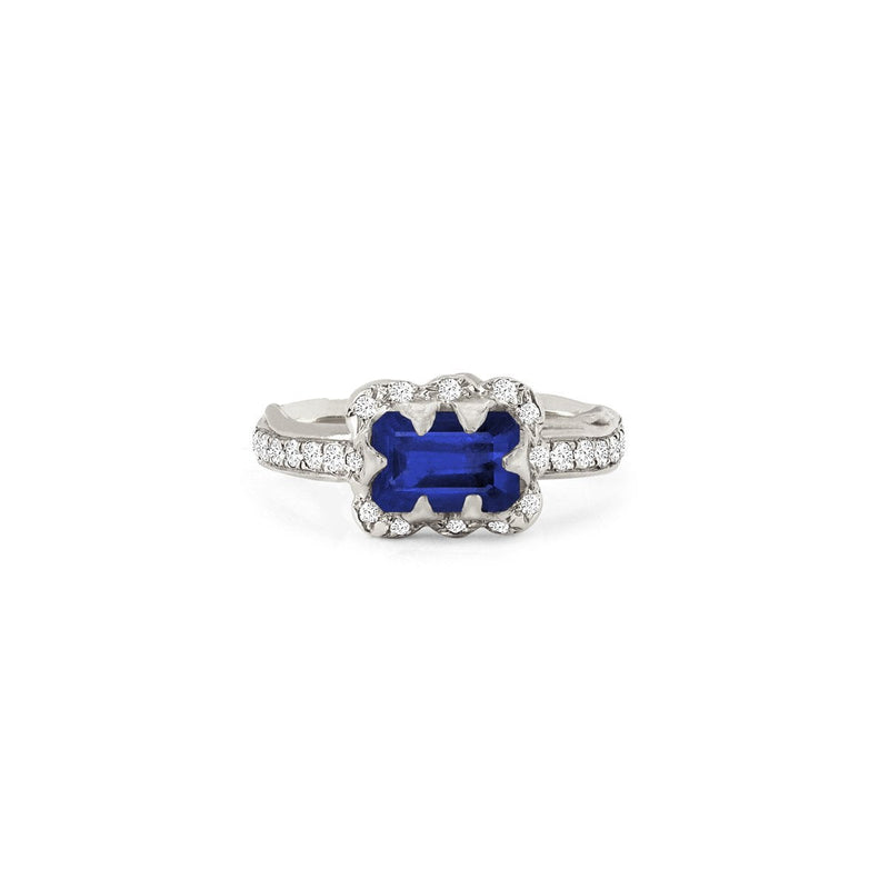 Micro Queen Emerald Cut Sapphire Rose Thorn Ring with Sprinkled Diamonds Pavé Diamond Band White Gold 3 by Logan Hollowell Jewelry