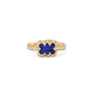 Micro Queen Emerald Cut Sapphire Rose Thorn Ring with Sprinkled Diamonds Pavé Diamond Band Yellow Gold 4 by Logan Hollowell Jewelry