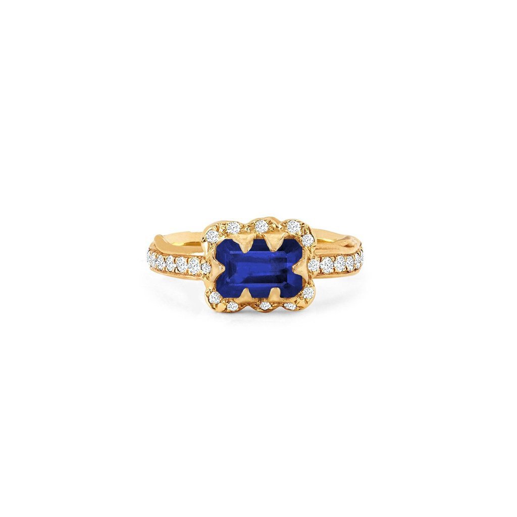 Micro Queen Emerald Cut Sapphire Rose Thorn Ring with Sprinkled Diamonds Pavé Diamond Band Yellow Gold 3 by Logan Hollowell Jewelry