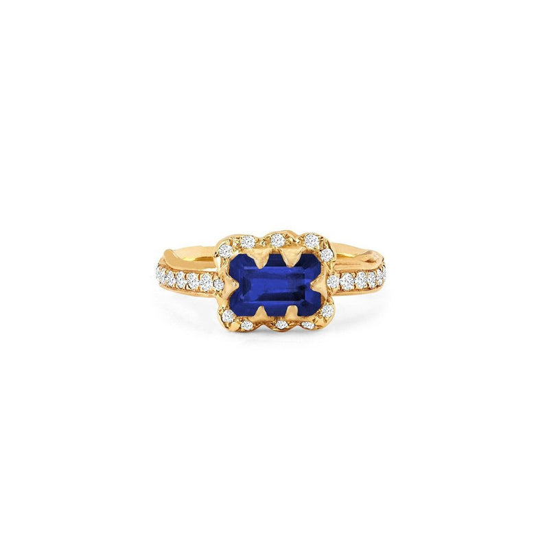 Micro Queen Emerald Cut Sapphire Rose Thorn Ring with Sprinkled Diamonds Pavé Diamond Band Yellow Gold 3 by Logan Hollowell Jewelry