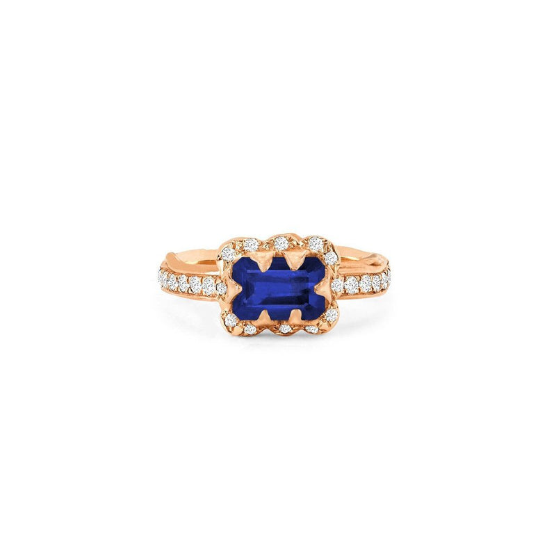 Micro Queen Emerald Cut Sapphire Rose Thorn Ring with Sprinkled Diamonds Pavé Diamond Band Rose Gold 3 by Logan Hollowell Jewelry