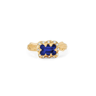 Micro Queen Emerald Cut Sapphire Rose Thorn Ring with Sprinkled Diamonds Solid Band Yellow Gold 4 by Logan Hollowell Jewelry