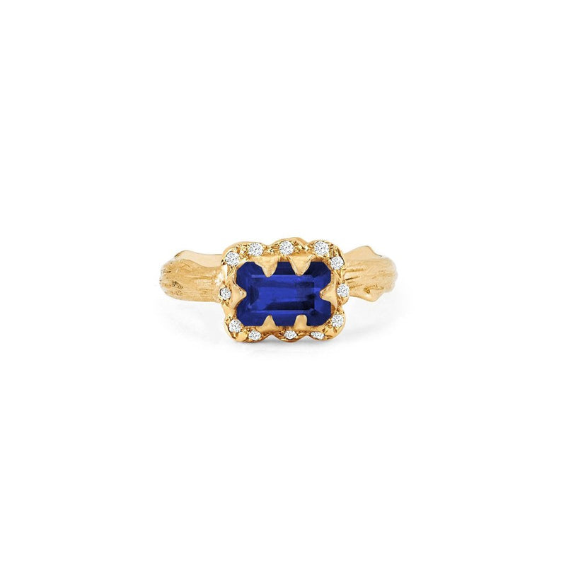 Micro Queen Emerald Cut Sapphire Rose Thorn Ring with Sprinkled Diamonds Solid Band Yellow Gold 3 by Logan Hollowell Jewelry