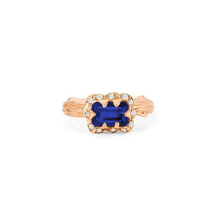 Micro Queen Emerald Cut Sapphire Rose Thorn Ring with Sprinkled Diamonds Solid Band Rose Gold 4 by Logan Hollowell Jewelry