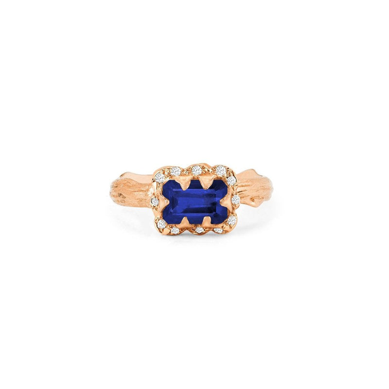 Micro Queen Emerald Cut Sapphire Rose Thorn Ring with Sprinkled Diamonds Solid Band Rose Gold 3 by Logan Hollowell Jewelry
