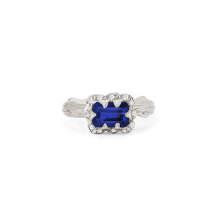 Micro Queen Emerald Cut Sapphire Rose Thorn Ring with Sprinkled Diamonds Solid Band White Gold 4 by Logan Hollowell Jewelry