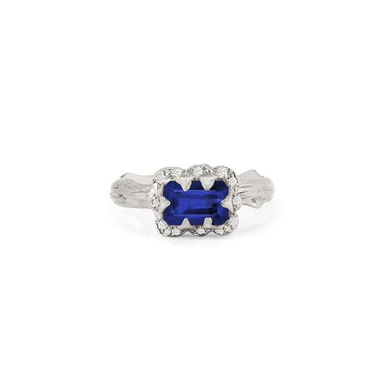 Micro Queen Emerald Cut Sapphire Rose Thorn Ring with Sprinkled Diamonds by Logan Hollowell Jewelry