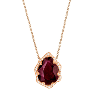Queen Water Drop Ruby Necklace with Full Pavé Halo Rose Gold   by Logan Hollowell Jewelry