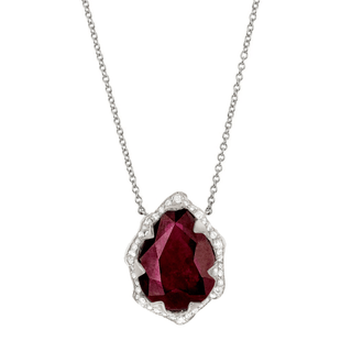 Queen Water Drop Ruby Necklace with Full Pavé Halo White Gold   by Logan Hollowell Jewelry