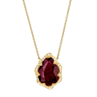 Queen Water Drop Ruby Necklace with Full Pavé Halo Yellow Gold   by Logan Hollowell Jewelry
