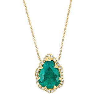 18k Queen Water Drop Colombian Emerald Necklace with Full Pavé Diamond Halo Yellow Gold   by Logan Hollowell Jewelry