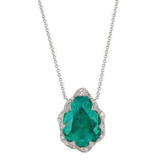 18k Colombian Water Drop Queen Emerald Necklace with Sprinkled Diamonds White Gold   by Logan Hollowell Jewelry