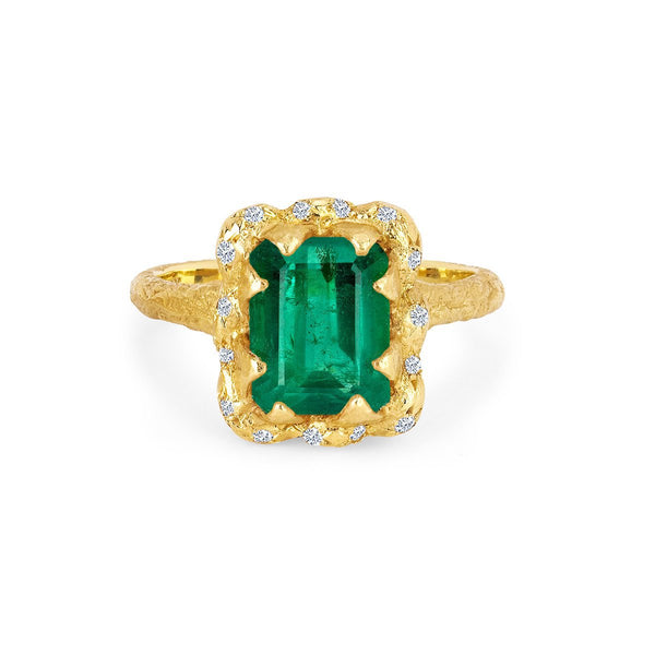 Queen Emerald Cut Emerald Ring with Sprinkled Diamonds Yellow Gold 3 by Logan Hollowell Jewelry