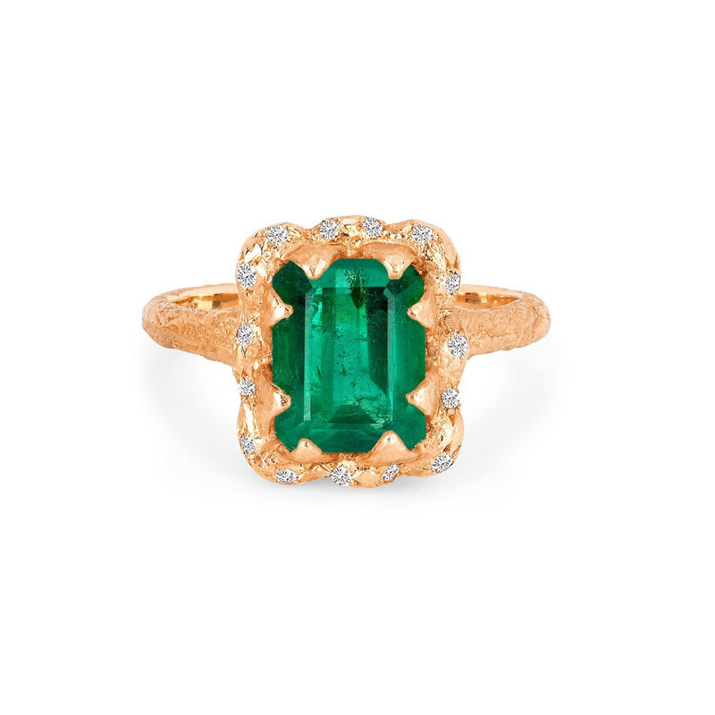 Queen Emerald Cut Emerald Ring with Sprinkled Diamonds Rose Gold 3 by Logan Hollowell Jewelry