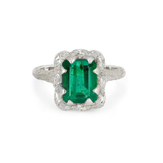 18k Queen Emerald Cut Emerald Ring with Sprinkled Diamonds White Gold 4  by Logan Hollowell Jewelry