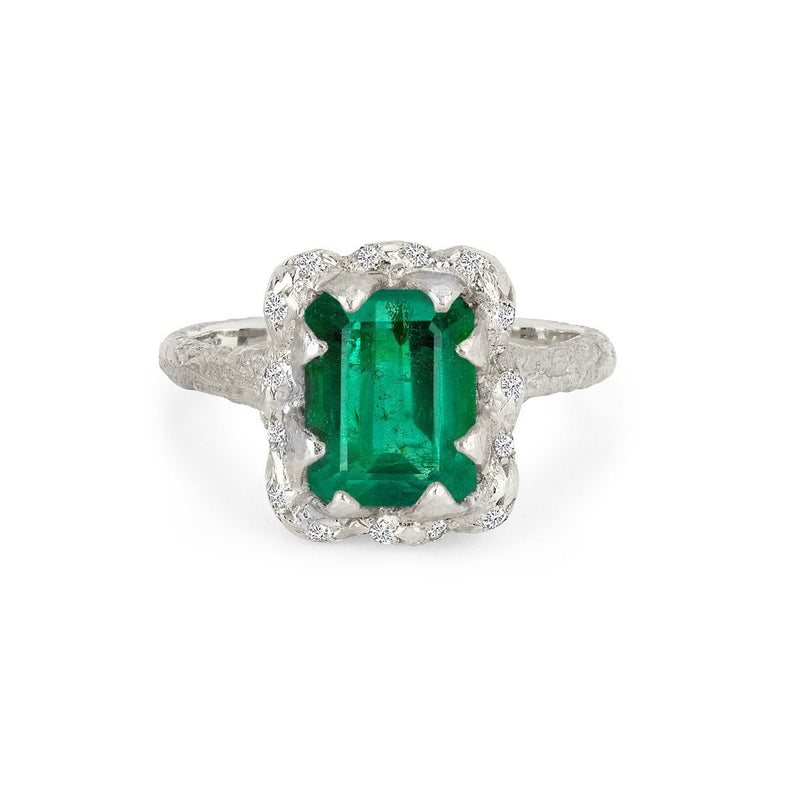 Queen Emerald Cut Emerald Ring with Sprinkled Diamonds White Gold 3 by Logan Hollowell Jewelry