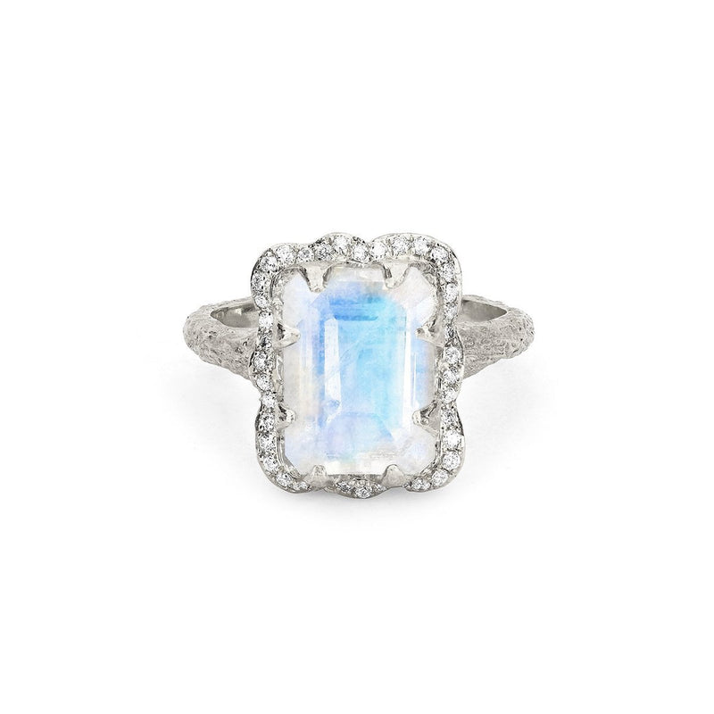 18k Queen Emerald Cut Moonstone Ring with Full Pavé Diamond Halo White Gold 3  by Logan Hollowell Jewelry