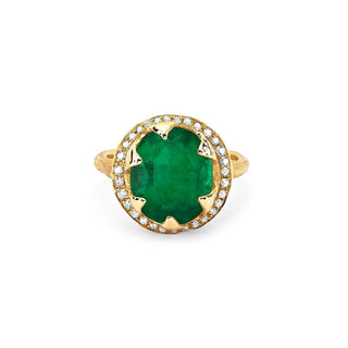 18k Queen Oval Colombian Emerald Ring with Full Pavé Diamond Halo Yellow Gold 5  by Logan Hollowell Jewelry