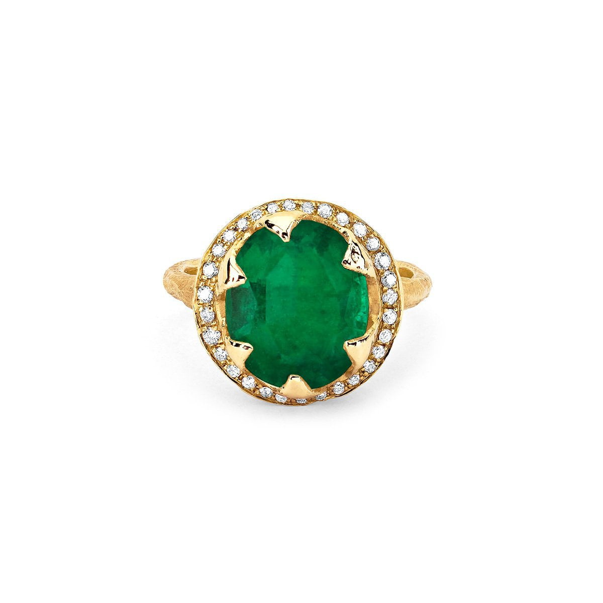 18k Queen Oval Colombian Emerald Ring with Full Pavé Diamond Halo | Ready to Ship Yellow Gold 6.5 by Logan Hollowell Jewelry