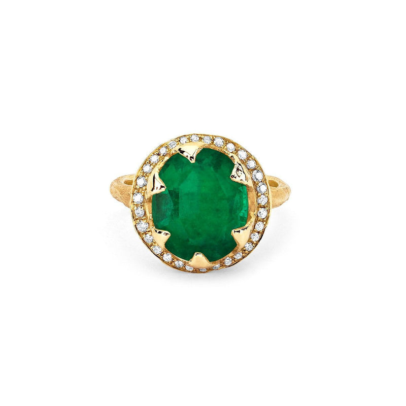 18k Queen Oval Colombian Emerald Ring with Full Pavé Diamond Halo | Ready to Ship Yellow Gold 6.5 by Logan Hollowell Jewelry