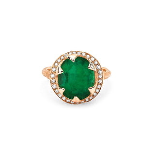 18k Queen Oval Colombian Emerald Ring with Full Pavé Diamond Halo Rose Gold 5  by Logan Hollowell Jewelry