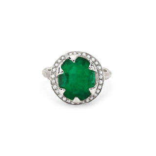 18k Queen Oval Colombian Emerald Ring with Full Pavé Diamond Halo White Gold 5  by Logan Hollowell Jewelry