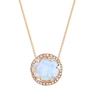 Queen Oval Moonstone Necklace with Full Pavé Diamond Halo Rose Gold 20"  by Logan Hollowell Jewelry