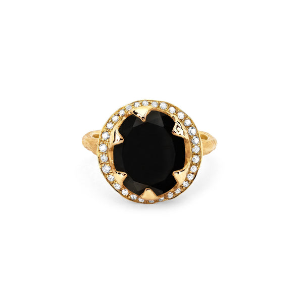Queen Oval Onyx Ring with Full Pavé Diamond Halo Yellow Gold 3  by Logan Hollowell Jewelry