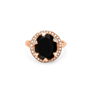 Queen Oval Onyx Ring with Full Pavé Diamond Halo Rose Gold 5  by Logan Hollowell Jewelry