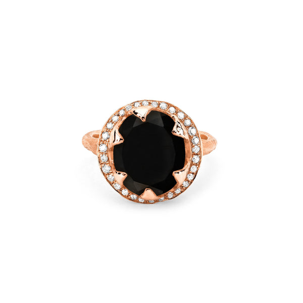 Queen Oval Onyx Ring with Full Pavé Diamond Halo Rose Gold 3  by Logan Hollowell Jewelry
